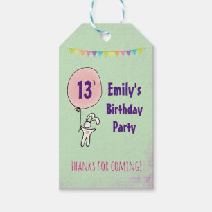 Étiquettes-cadeau Cute Bunny tenant un ballon Merci d'anniversaire
