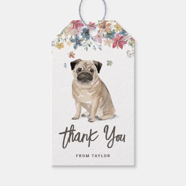 Étiquettes-cadeau Cute Carlin aquarelle Chien Anniversaire Merci de  (Devant)