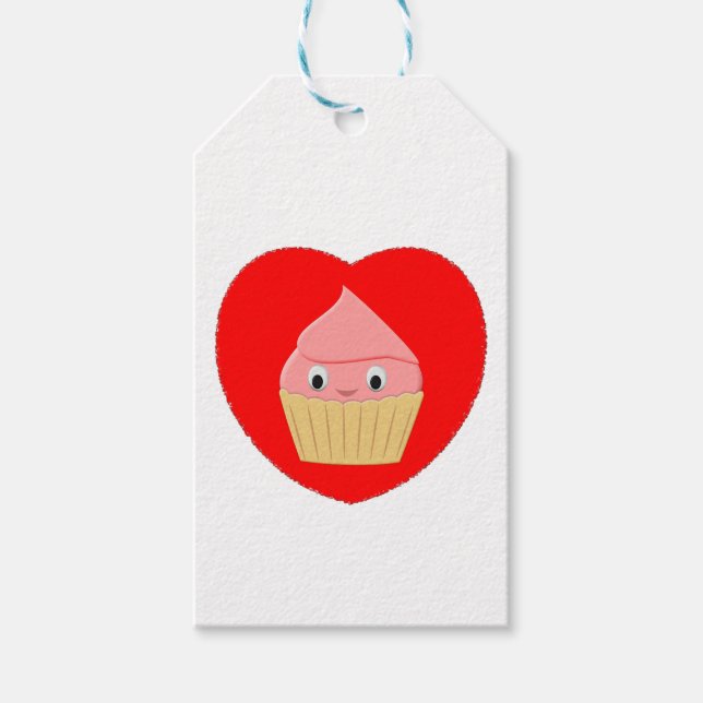 Étiquettes-cadeau Cute Cartoon Fraise Cupcake Au Coeur Rouge (Devant)