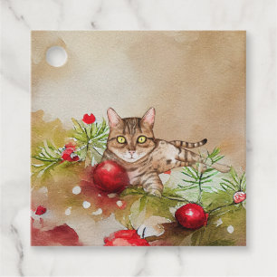 Étiquettes Cadeau Cute Cat in Pines and Ornaming Tags cadeaux