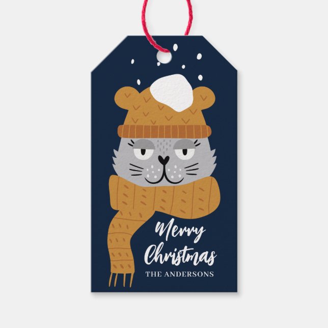 Étiquettes-cadeau Cute chat bleu Nom de Noël (Devant)