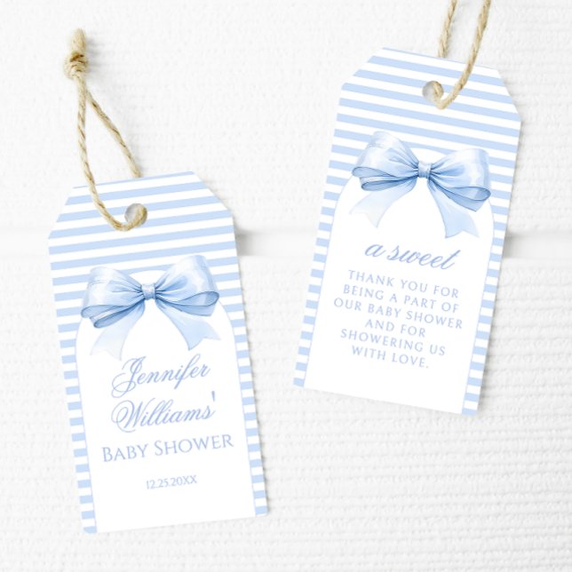 Étiquettes-cadeau Cute Chic Blue Bow bébé garçon douche Merci (Créateur téléchargé)