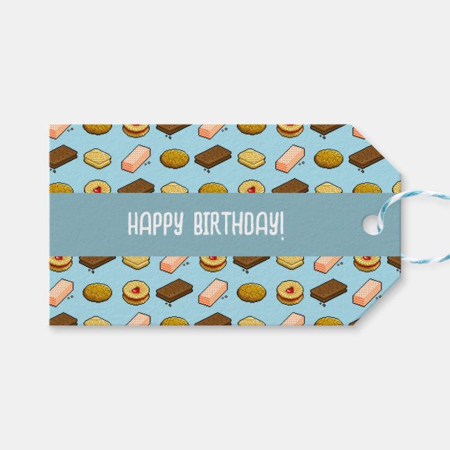 Étiquettes-cadeau Cute Cookies Happy Birthday! Biscuit Pixel Pattern (Devant (Horizontal))
