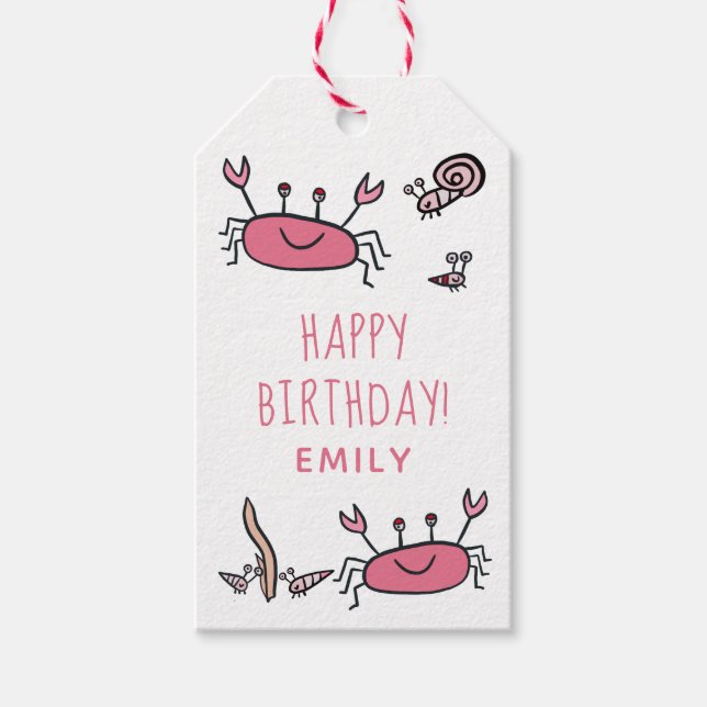 Étiquettes-cadeau Cute Crabe Rose Animaux de mer Fille Joyeux Annive (Devant)