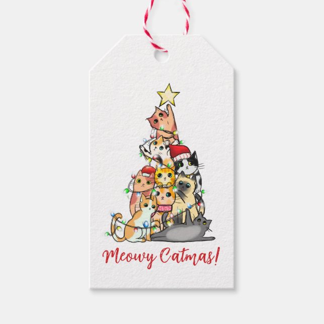 Étiquettes-cadeau Cute Custom Meowa Catmas Chats Arbre de Noël (Devant)