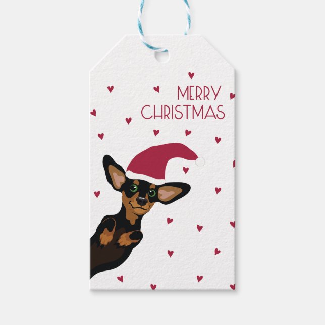 Étiquettes-cadeau Cute Dachshund avec chapeau de Père Noël et arrièr (Devant)
