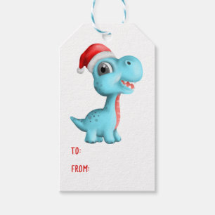 Étiquettes-cadeau Cute Dinosaur Santa Hat Enfants Bleu Rouge Noël