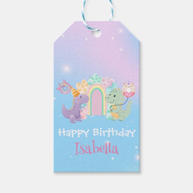 Étiquettes-cadeau Cute Dinosaur Unicorn Rainbow ballon Anniversaire  (Devant)