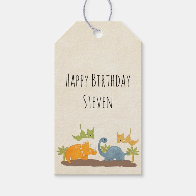 Étiquettes-cadeau Cute Dinosaures Faune préhistorique Joyeux Anniver (Devant)