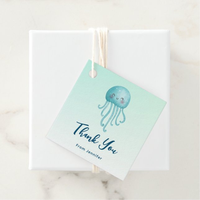 Étiquettes Cadeau Cute et amusante Merci de méduse bleu-vert (En situation)