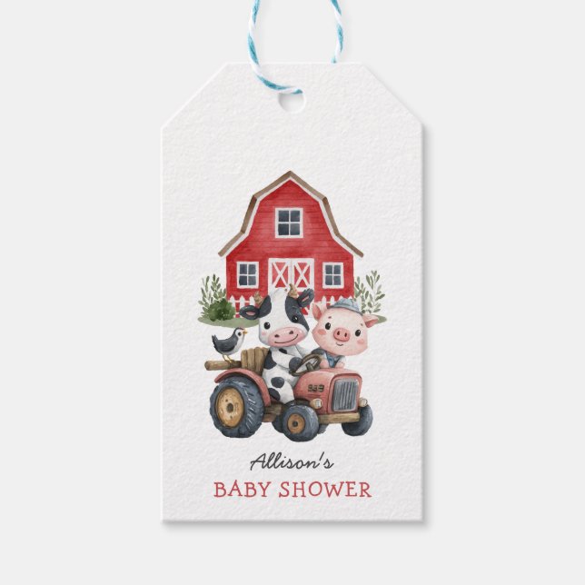 Étiquettes-cadeau Cute Farm Animaux Cochon Vache Barnyard Baby showe (Devant)