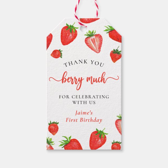 Étiquettes-cadeau Cute fraise 1er Anniversaire Merci Berry Beaucoup (Devant)