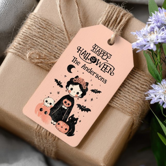 Étiquettes-cadeau Cute Frida Kahlo Whimsical Pink Happy Halloween (Créateur téléchargé)