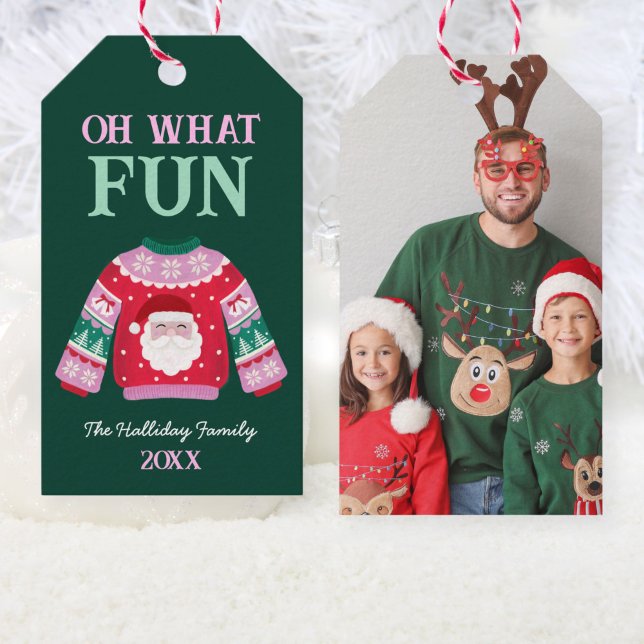 Étiquettes-cadeau Cute Funny Sweat laid Père Noël Family Photo (Cute Funny Ugly Sweater Santa Family Photo Gift Tags)