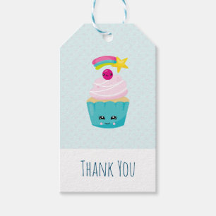 Étiquettes-cadeau Cute gâteau bleu avec Merci de visage Kawaii