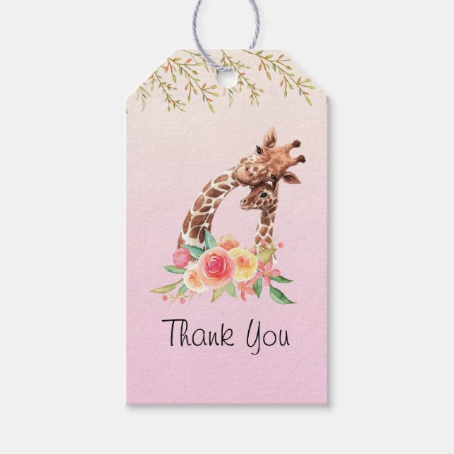 Étiquettes-cadeau Cute Giraffe Aquarelle Maman & Baby Merci (Devant)