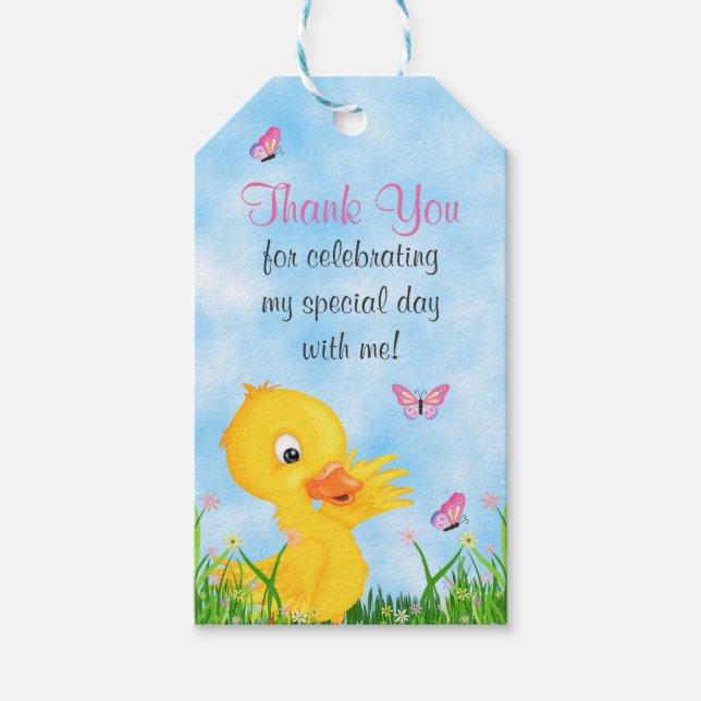 Étiquettes-cadeau Cute Girl Duckling et Baby shower papillon Favoris (Devant)