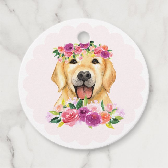 Étiquettes Cadeau Cute Golden Retriever et violet Fleurs Merci (Devant)