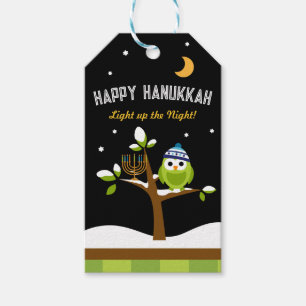 Étiquettes-cadeau Cute Hanoukka Owl & Menorah Éclairer la nuit