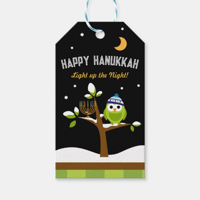 Étiquettes-cadeau Cute Hanoukka Owl & Menorah Éclairer la nuit (Devant)
