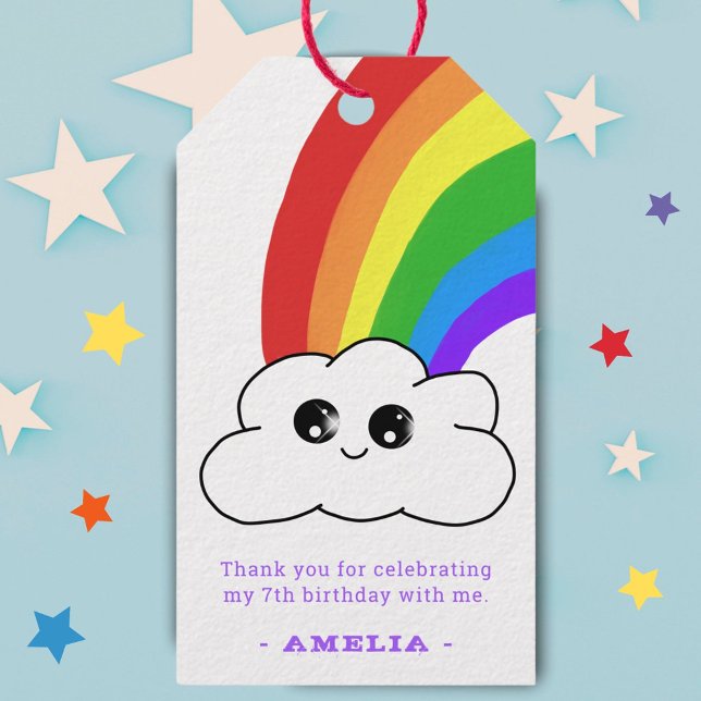 Étiquettes-cadeau Cute Kawaii Cloud Arc-en-ciel Merci d'anniversaire (Créateur téléchargé)