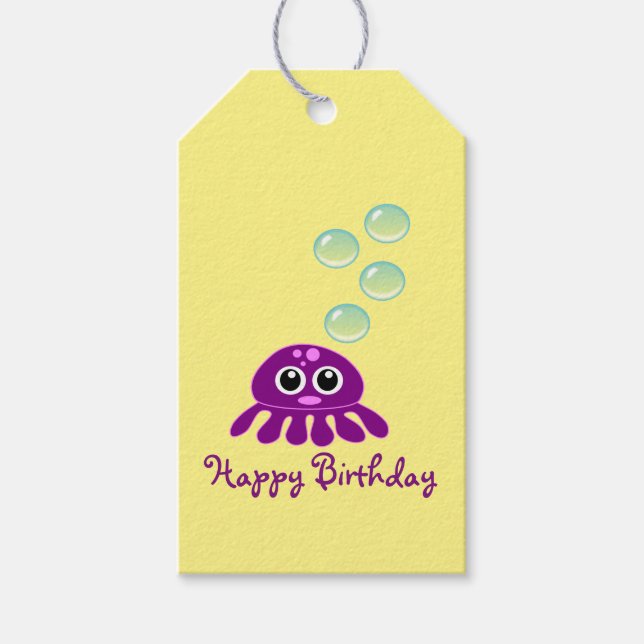 Étiquettes-cadeau Cute Kawaii Jellyfish Purple Joyeux Anniversaire (Devant)