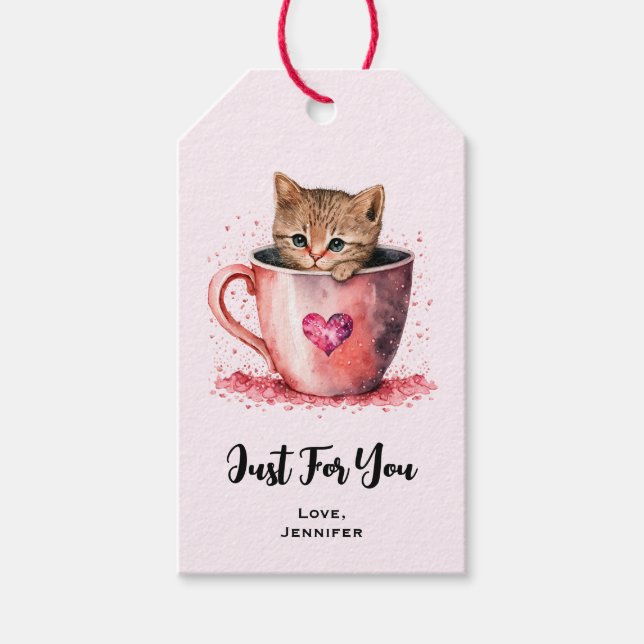 Étiquettes-cadeau Cute Kitten dans un Teacup avec des coeurs juste p (Devant)