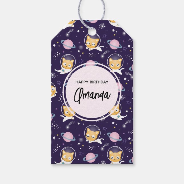 Étiquettes-cadeau Cute Kitty Chat Astronauts Motif Anniversaire (Devant)