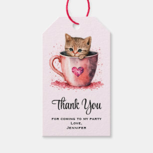 Étiquettes-cadeau Cute Kitty dans un Tea up avec Merci de fête de co