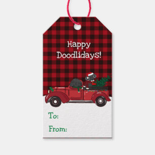 Étiquettes-cadeau Cute Labradoodles Camion de Noël Rouge
