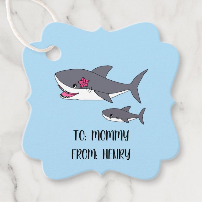 Étiquettes Cadeau Cute Mama requin et bébé requin (Devant)