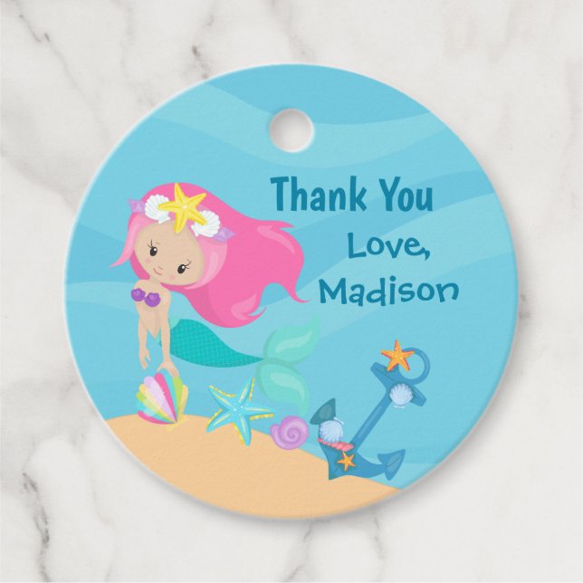 Étiquettes Cadeau Cute Mermaid Girl Beach Anniversaire de enfant per (Devant)