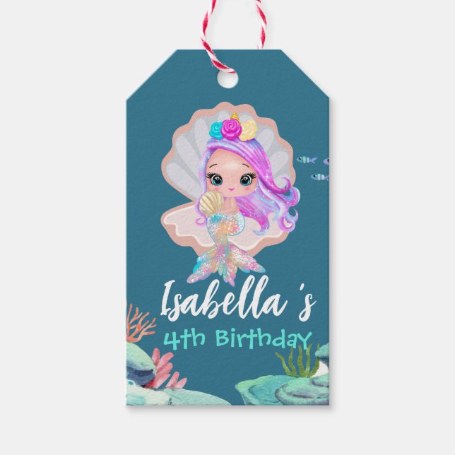 Étiquettes-cadeau Cute Mermaid Rainbow couronne perle Anniversaire f (Devant)