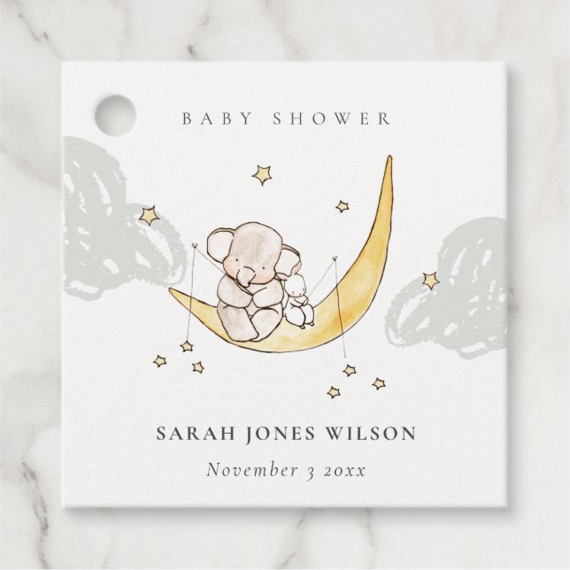 Étiquettes Cadeau Cute Moon Stars Elephant Bunny Baby shower neutre (Devant)
