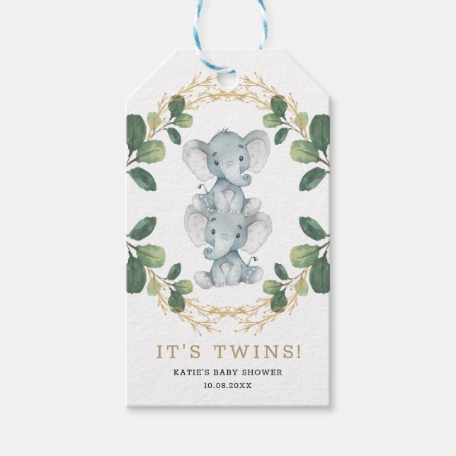 Étiquettes-cadeau Cute Neutre Jumeaux Eléphant Vert Bébé Douche (Devant)