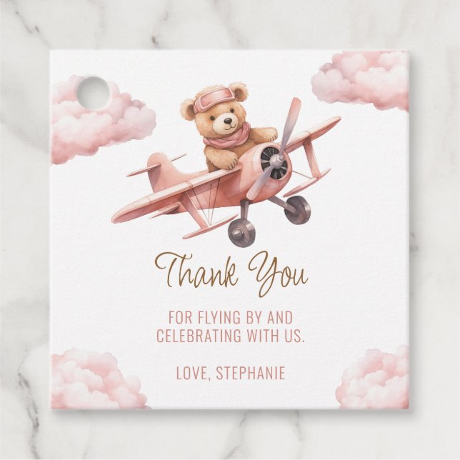 Étiquettes Cadeau Cute Ours avion rose fille Merci Baby shower (Devant)