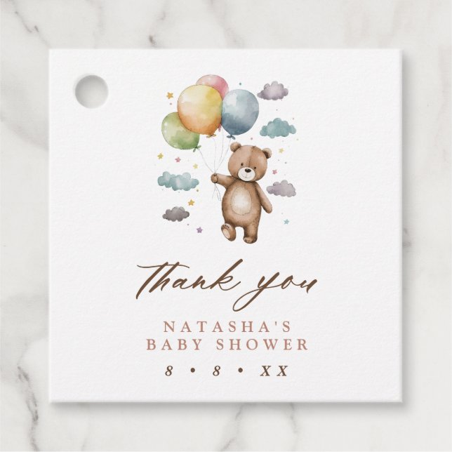 Étiquettes Cadeau Cute Ours et ballons Baby shower Merci (Devant)