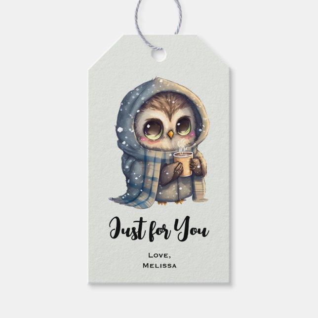 Étiquettes-cadeau Cute Owl tenir un café juste pour vous (Devant)