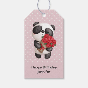 Étiquettes-cadeau Cute Panda Bear avec Bouquet de Roses Anniversaire