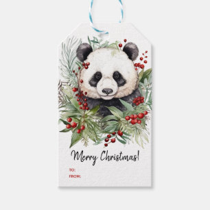 Étiquettes-cadeau Cute Panda Bear Botaniques rustiques de Noël
