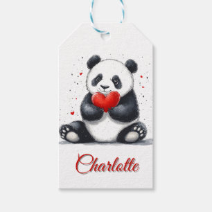 Étiquettes-cadeau Cute Panda Holding Heart avec nom personnalisable