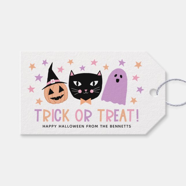Étiquettes-cadeau Cute Pastel Halloween Trick ou Treat Black Cat (Devant (Horizontal))