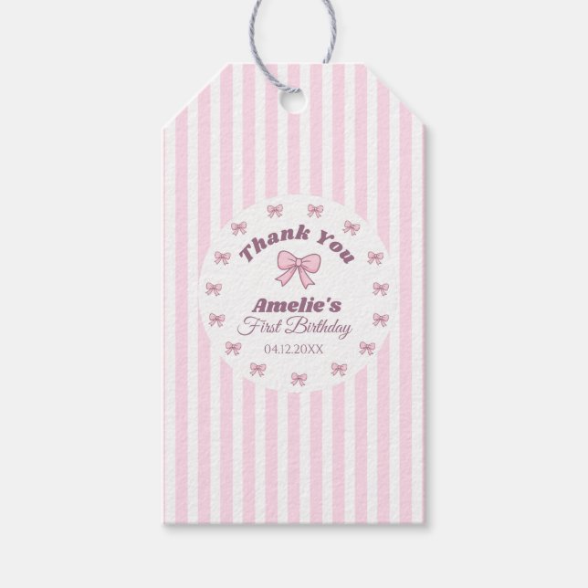 Étiquettes-cadeau Cute Pink Bow First Birthday  (Devant)