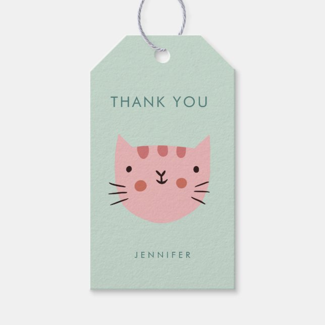 Étiquettes-cadeau Cute Pink Cat Anniversaire merci (Devant)