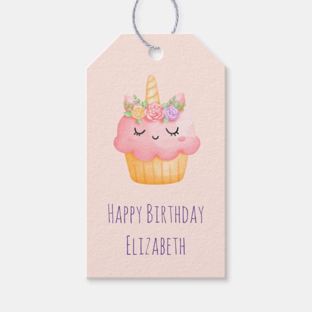 Étiquettes-cadeau Cute Pink Cupcake Unicorn avec Rose Anniversaire (Devant)