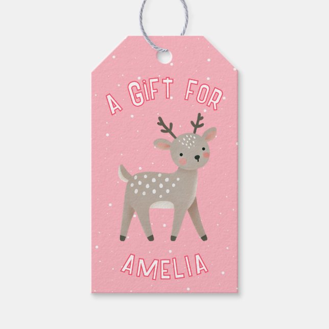 Étiquettes-cadeau Cute Pink Reindeer Kid`s Name Christmas  (Devant)