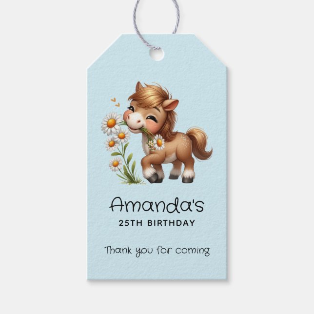 Étiquettes-cadeau Cute Pony Mange Daisées Anniversaire (Devant)
