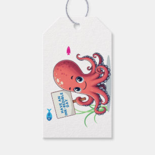 Étiquettes-cadeau Cute, poulpe caricaturale avec poisson