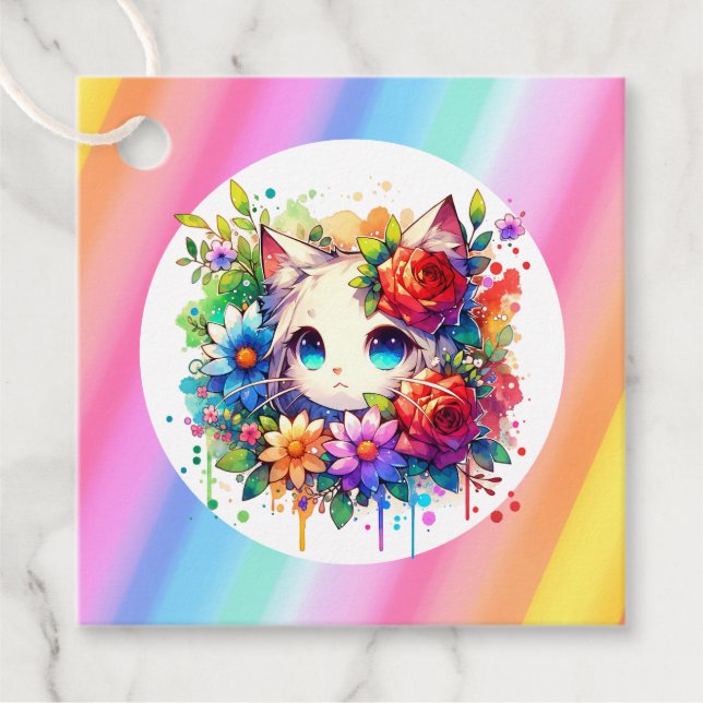 Étiquettes Cadeau Cute Rainbow Anime Chat Anniversaire Gâteau (Devant)