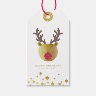 Étiquettes-cadeau Cute Reindeer   Fun Christmas White & Gold Mini